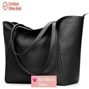 Large Vegan Leather Tote Bag with Zipper, 23L Capacity for Work and Travel